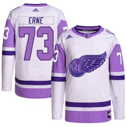 Adam Erne Detroit Red Wings Men's Adidas Authentic White/Purple Hockey Fights Cancer Primegreen Jersey