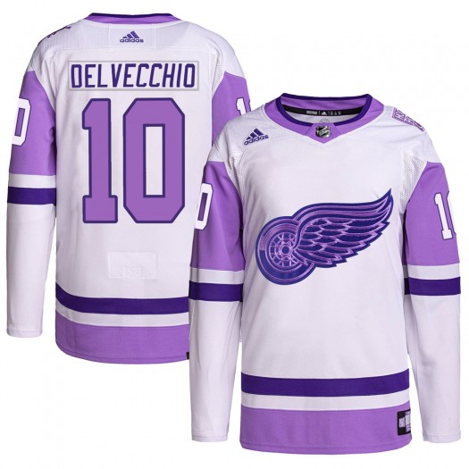 Alex Delvecchio Detroit Red Wings Youth Adidas Authentic White/Purple Hockey Fights Cancer Primegreen Jersey