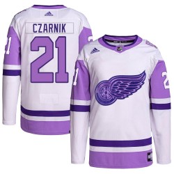 Austin Czarnik Detroit Red Wings Men's Adidas Authentic White/Purple Hockey Fights Cancer Primegreen Jersey
