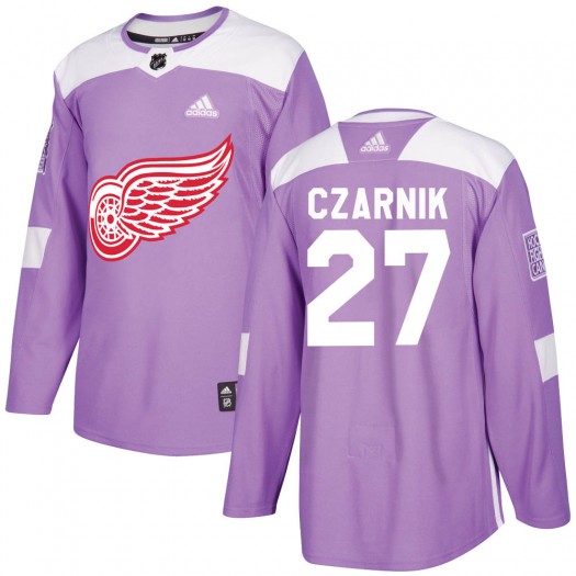 Austin Czarnik Detroit Red Wings Youth Adidas Authentic Purple Hockey Fights Cancer Practice Jersey
