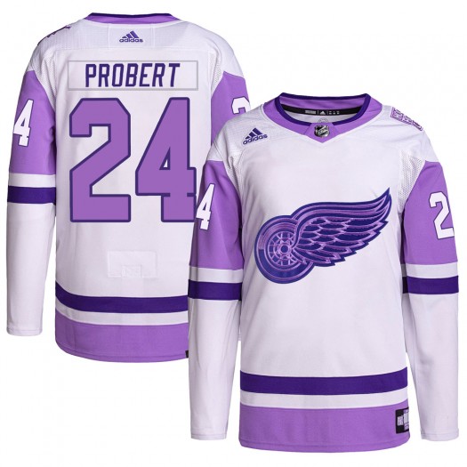 Bob Probert Detroit Red Wings Youth Adidas Authentic White/Purple Hockey Fights Cancer Primegreen Jersey