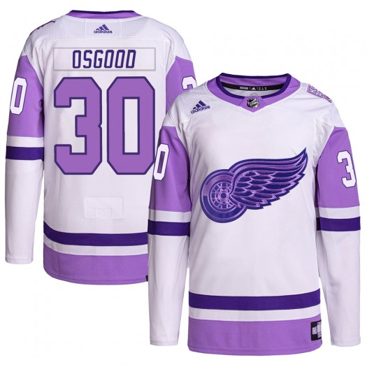 Chris Osgood Detroit Red Wings Men's Adidas Authentic White/Purple Hockey Fights Cancer Primegreen Jersey
