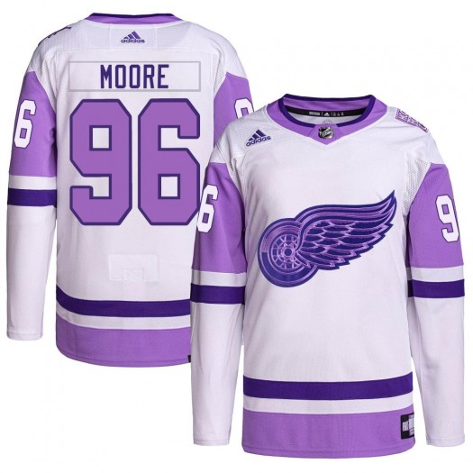 Cooper Moore Detroit Red Wings Men's Adidas Authentic White/Purple Hockey Fights Cancer Primegreen Jersey