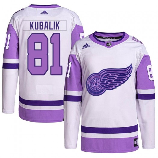 Dominik Kubalik Detroit Red Wings Men's Adidas Authentic White/Purple Hockey Fights Cancer Primegreen Jersey