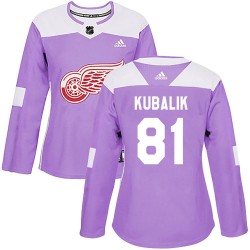 Dominik Kubalik Detroit Red Wings Women's Adidas Authentic Purple Hockey Fights Cancer Practice Jersey