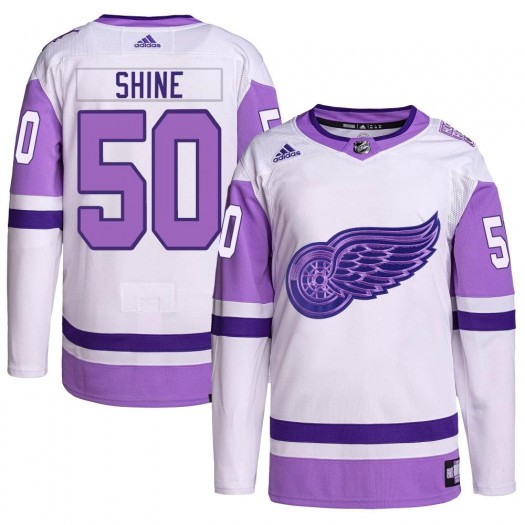 Dominik Shine Detroit Red Wings Men's Adidas Authentic White/Purple Hockey Fights Cancer Primegreen Jersey