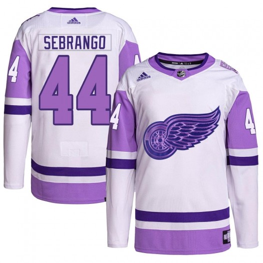 Donovan Sebrango Detroit Red Wings Men's Adidas Authentic White/Purple Hockey Fights Cancer Primegreen Jersey