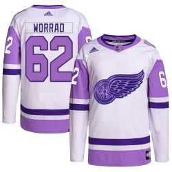 Drew Worrad Detroit Red Wings Men's Adidas Authentic White/Purple Hockey Fights Cancer Primegreen Jersey