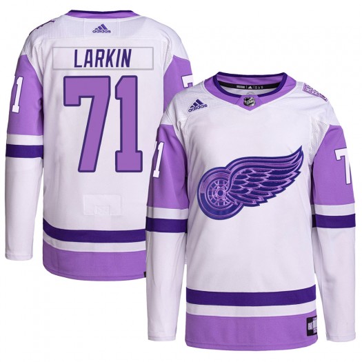 Dylan Larkin Detroit Red Wings Youth Adidas Authentic White/Purple Hockey Fights Cancer Primegreen Jersey