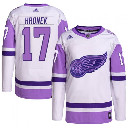 Filip Hronek Detroit Red Wings Men's Adidas Authentic White/Purple Hockey Fights Cancer Primegreen Jersey