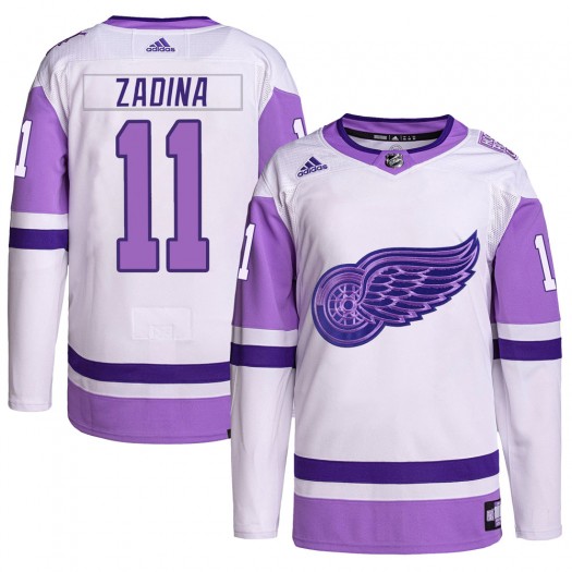 Filip Zadina Detroit Red Wings Men's Adidas Authentic White/Purple Hockey Fights Cancer Primegreen Jersey
