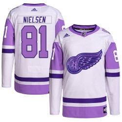 Frans Nielsen Detroit Red Wings Men's Adidas Authentic White/Purple Hockey Fights Cancer Primegreen Jersey
