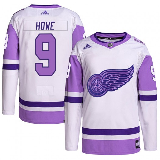 Gordie Howe Detroit Red Wings Youth Adidas Authentic White/Purple Hockey Fights Cancer Primegreen Jersey