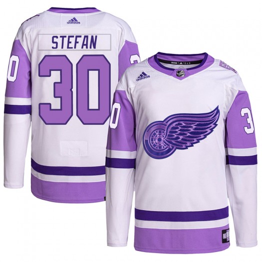 Greg Stefan Detroit Red Wings Men's Adidas Authentic White/Purple Hockey Fights Cancer Primegreen Jersey