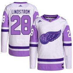 Gustav Lindstrom Detroit Red Wings Men's Adidas Authentic White/Purple Hockey Fights Cancer Primegreen Jersey