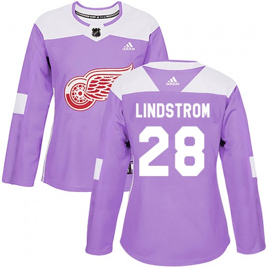 Gustav Lindstrom Detroit Red Wings Women's Adidas Authentic Purple Hockey Fights Cancer Practice Jersey