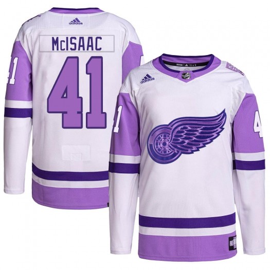 Jared McIsaac Detroit Red Wings Men's Adidas Authentic White/Purple Hockey Fights Cancer Primegreen Jersey