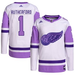 Jim Rutherford Detroit Red Wings Men's Adidas Authentic White/Purple Hockey Fights Cancer Primegreen Jersey