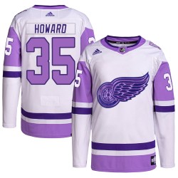 Jimmy Howard Detroit Red Wings Men's Adidas Authentic White/Purple Hockey Fights Cancer Primegreen Jersey