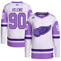 Joe Veleno Detroit Red Wings Men's Adidas Authentic White/Purple Hockey Fights Cancer Primegreen Jersey