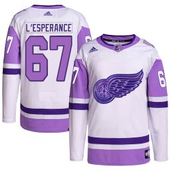 Joel L'Esperance Detroit Red Wings Men's Adidas Authentic White/Purple Hockey Fights Cancer Primegreen Jersey
