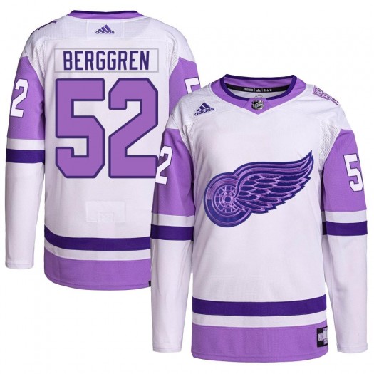 Jonatan Berggren Detroit Red Wings Men's Adidas Authentic White/Purple Hockey Fights Cancer Primegreen Jersey