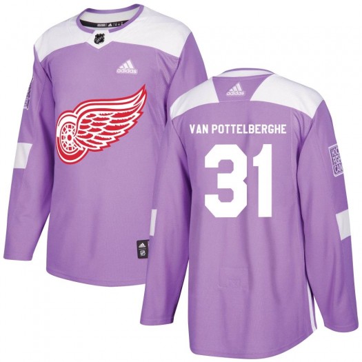Joren Van Pottelberghe Detroit Red Wings Men's Adidas Authentic Purple Hockey Fights Cancer Practice Jersey
