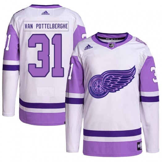 Joren Van Pottelberghe Detroit Red Wings Men's Adidas Authentic White/Purple Hockey Fights Cancer Primegreen Jersey