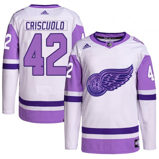 Kyle Criscuolo Detroit Red Wings Men's Adidas Authentic White/Purple Hockey Fights Cancer Primegreen Jersey