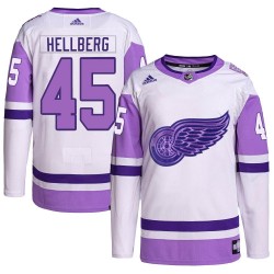 Magnus Hellberg Detroit Red Wings Men's Adidas Authentic White/Purple Hockey Fights Cancer Primegreen Jersey