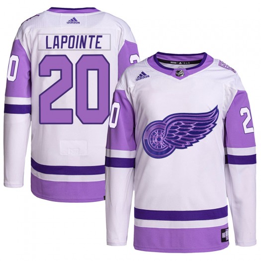 Martin Lapointe Detroit Red Wings Men's Adidas Authentic White/Purple Hockey Fights Cancer Primegreen Jersey