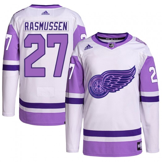 Michael Rasmussen Detroit Red Wings Men's Adidas Authentic White/Purple Hockey Fights Cancer Primegreen Jersey