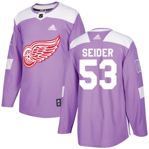 Moritz Seider Detroit Red Wings Youth Adidas Authentic Purple Hockey Fights Cancer Practice Jersey