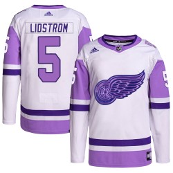 Nicklas Lidstrom Detroit Red Wings Youth Adidas Authentic White/Purple Hockey Fights Cancer Primegreen Jersey