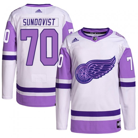 Oskar Sundqvist Detroit Red Wings Men's Adidas Authentic White/Purple Hockey Fights Cancer Primegreen Jersey