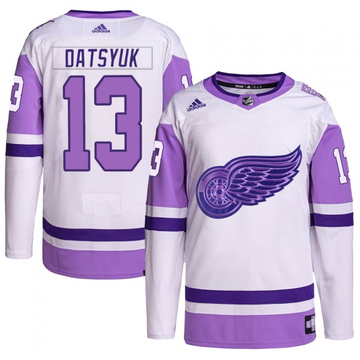 Pavel Datsyuk Detroit Red Wings Men's Adidas Authentic White/Purple Hockey Fights Cancer Primegreen Jersey