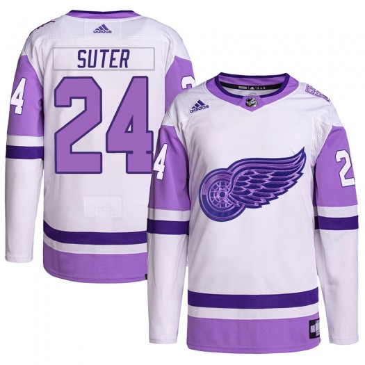 Pius Suter Detroit Red Wings Men's Adidas Authentic White/Purple Hockey Fights Cancer Primegreen Jersey