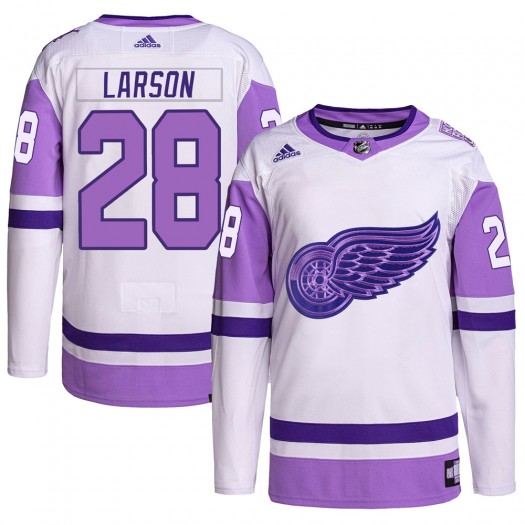 Reed Larson Detroit Red Wings Men's Adidas Authentic White/Purple Hockey Fights Cancer Primegreen Jersey