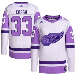 Sebastian Cossa Detroit Red Wings Men's Adidas Authentic White/Purple Hockey Fights Cancer Primegreen Jersey