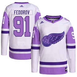 Sergei Fedorov Detroit Red Wings Youth Adidas Authentic White/Purple Hockey Fights Cancer Primegreen Jersey