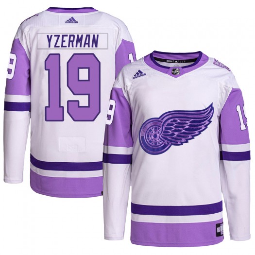 Steve Yzerman Detroit Red Wings Youth Adidas Authentic White/Purple Hockey Fights Cancer Primegreen Jersey