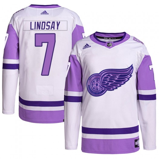 Ted Lindsay Detroit Red Wings Youth Adidas Authentic White/Purple Hockey Fights Cancer Primegreen Jersey