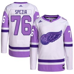 Tyler Spezia Detroit Red Wings Men's Adidas Authentic White/Purple Hockey Fights Cancer Primegreen Jersey