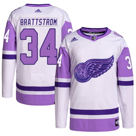 Victor Brattstrom Detroit Red Wings Men's Adidas Authentic White/Purple Hockey Fights Cancer Primegreen Jersey
