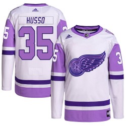 Ville Husso Detroit Red Wings Men's Adidas Authentic White/Purple Hockey Fights Cancer Primegreen Jersey