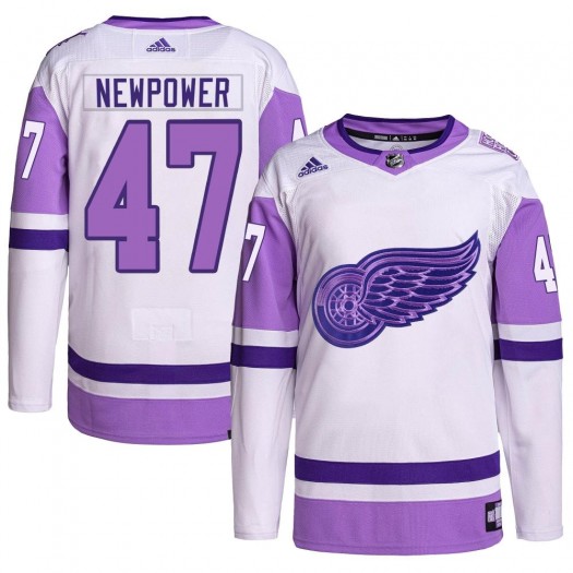 Wyatt Newpower Detroit Red Wings Men's Adidas Authentic White/Purple Hockey Fights Cancer Primegreen Jersey